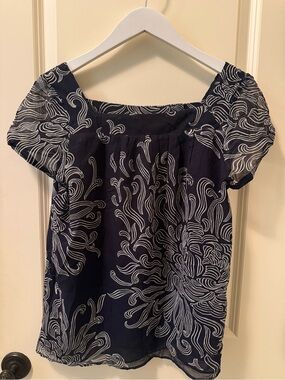 Ann Taylor Navy Blue Printed Square-Neck Top